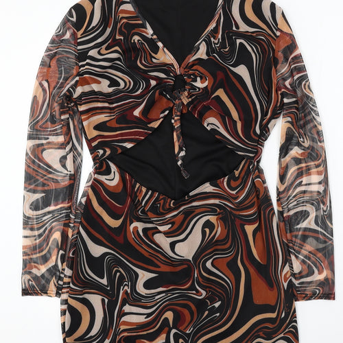 Edge Street Womens Brown Geometric Polyester Sheath Size 14 V-Neck - Tie Front