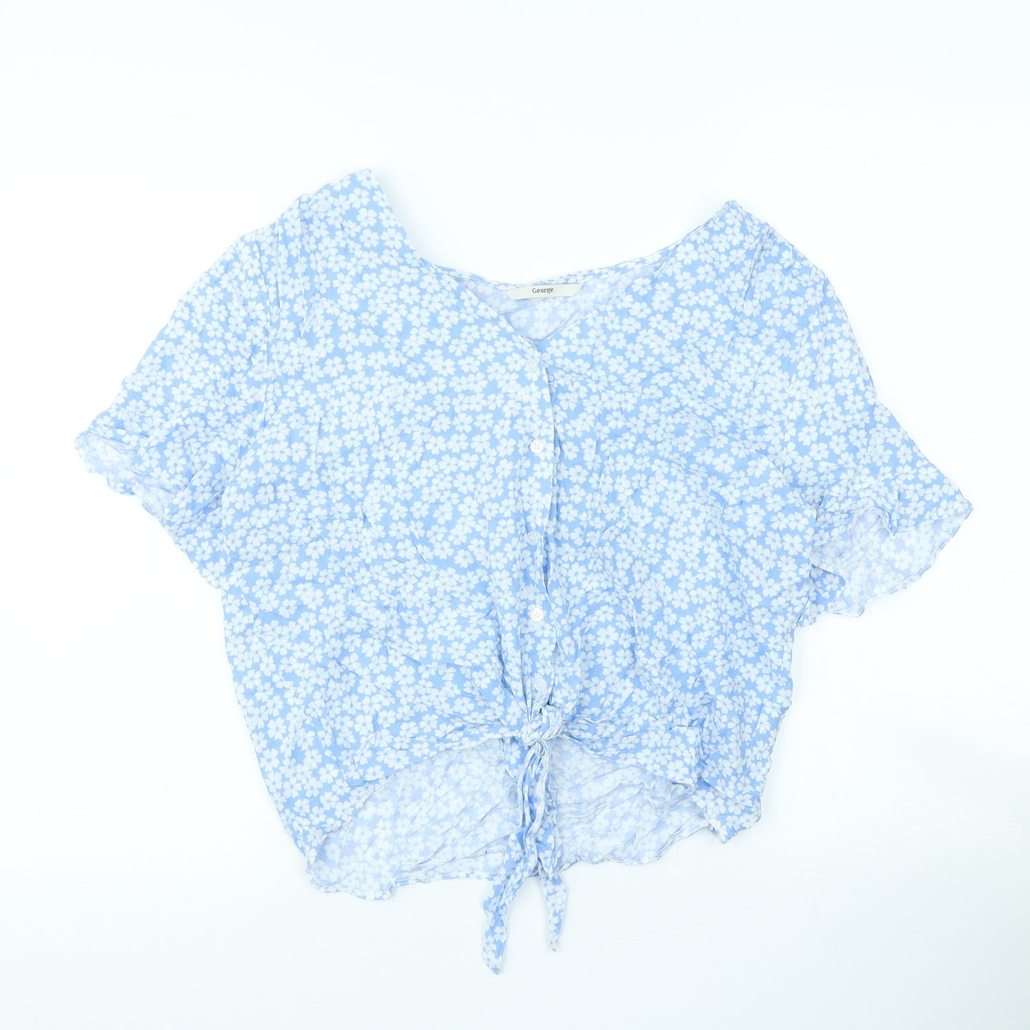 George Womens Blue Floral Viscose Basic Button-Up Size 14 V-Neck - Tie front