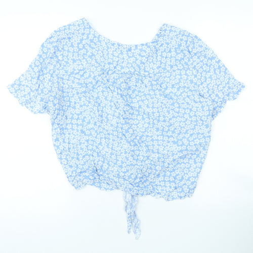 George Womens Blue Floral Viscose Basic Button-Up Size 14 V-Neck - Tie front