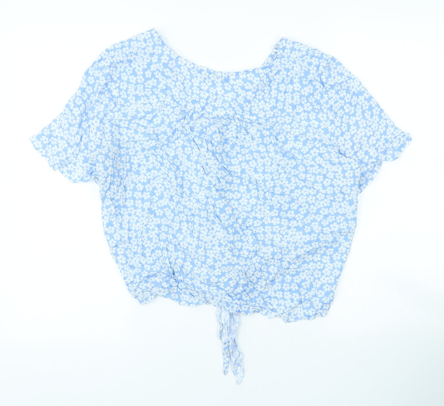 George Womens Blue Floral Viscose Basic Button-Up Size 14 V-Neck - Tie front