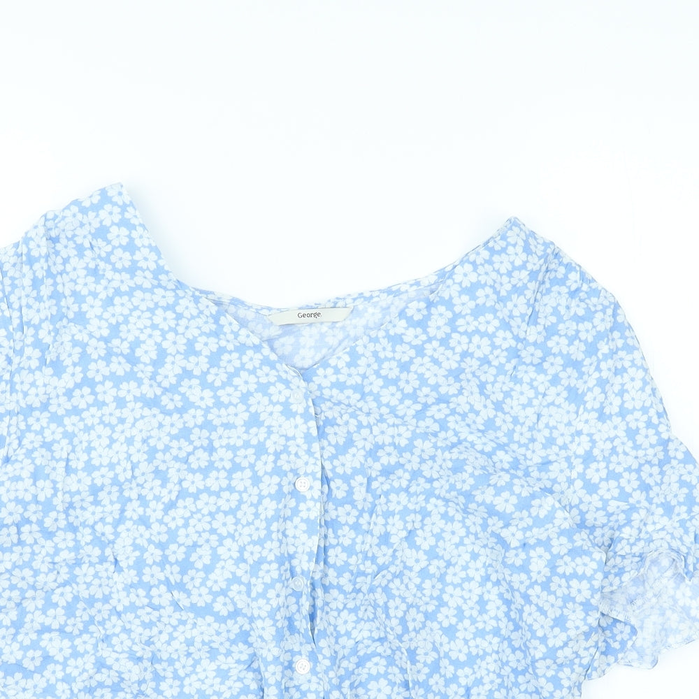 George Womens Blue Floral Viscose Basic Button-Up Size 14 V-Neck - Tie front