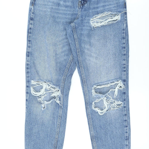 Topshop Womens Blue Cotton Mom Jeans Size 25 in L25 in Regular Button - Ripped