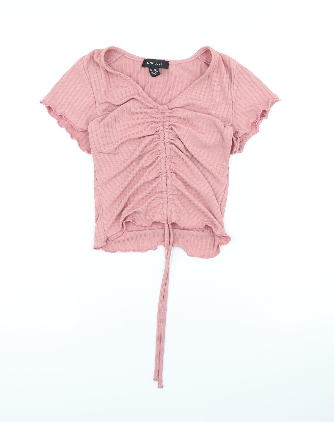 New Look Womens Pink Polyester Basic T-Shirt Size 8 V-Neck - Ribbed, Ruched