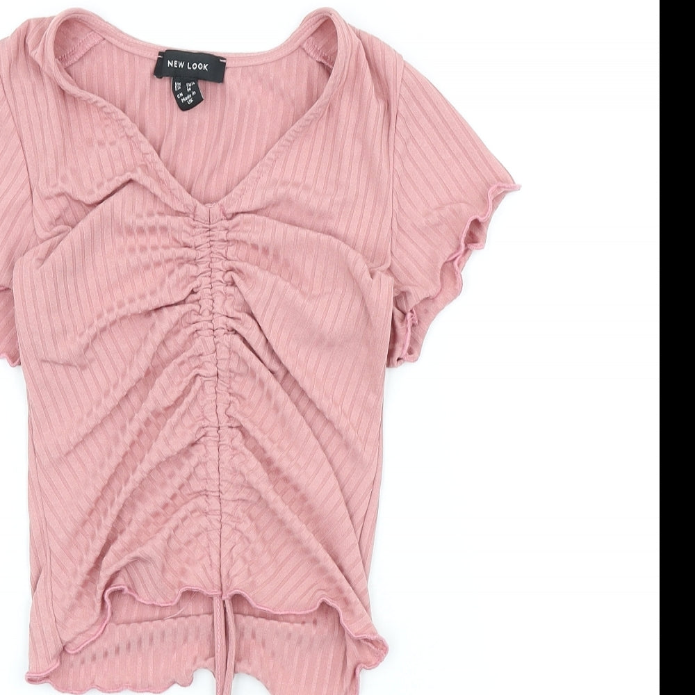 New Look Womens Pink Polyester Basic T-Shirt Size 8 V-Neck - Ribbed, Ruched