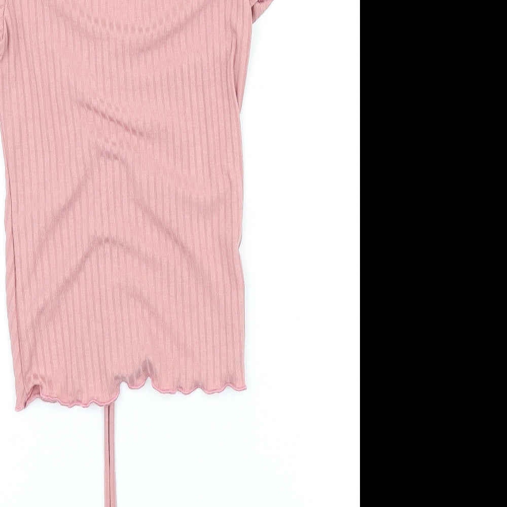 New Look Womens Pink Polyester Basic T-Shirt Size 8 V-Neck - Ribbed, Ruched