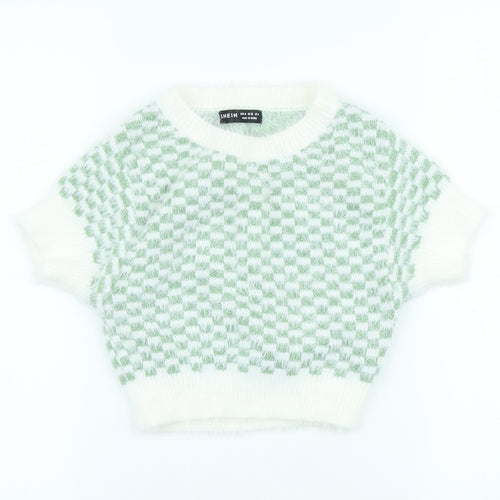 SheIn Womens Ivory High Neck Check Acrylic Pullover Jumper Size M - Cropped