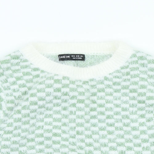SheIn Womens Ivory High Neck Check Acrylic Pullover Jumper Size M - Cropped