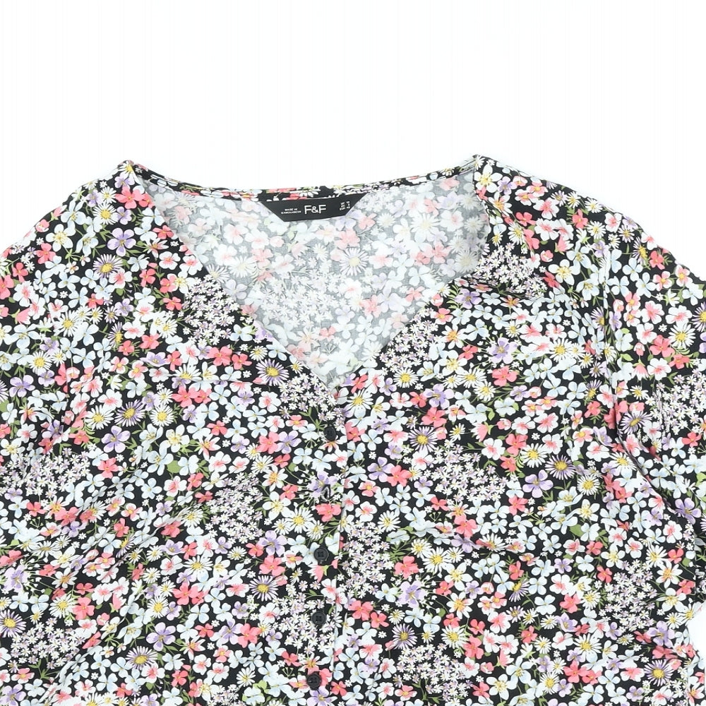 F&F Womens Black Floral Viscose Basic Blouse Size 12 V-Neck - Tie Front