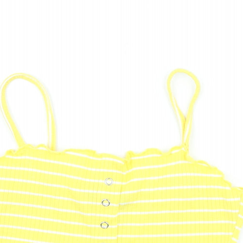 Primark Womens Yellow Striped Polyester Cropped T-Shirt Size S Square Neck - Scalloped Edging
