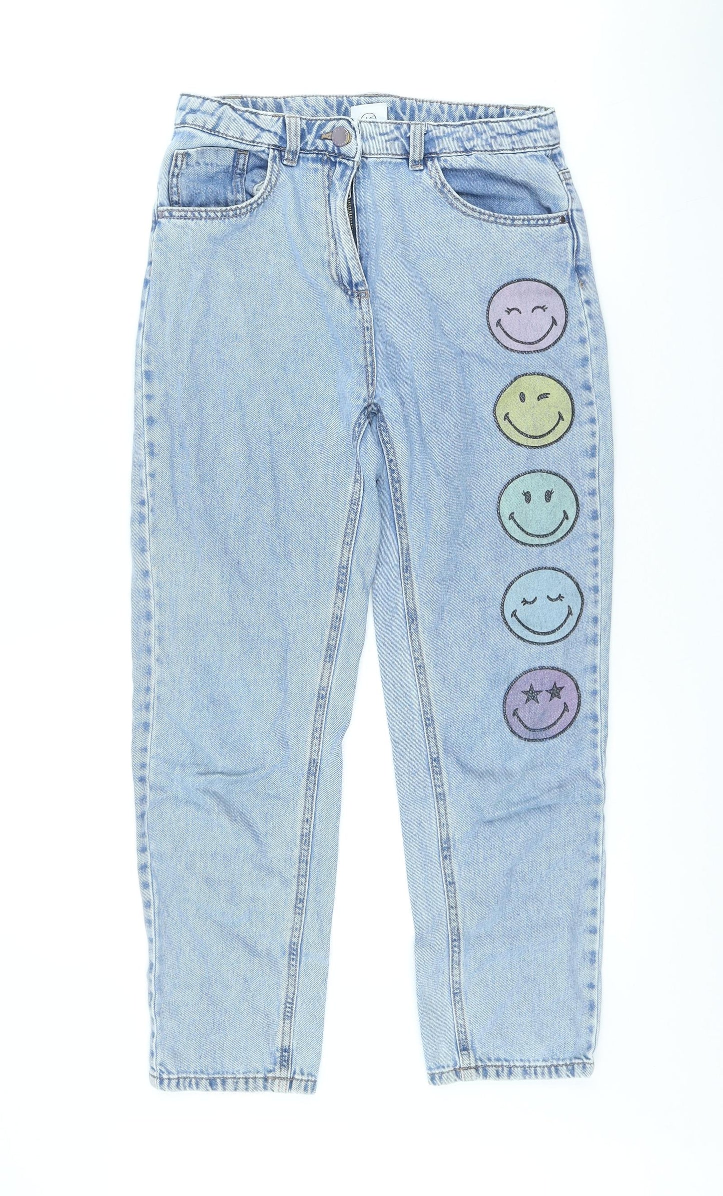 NEXT Girls Blue Cotton Jegging Trousers Size 12 Years Regular Button - Smiley Face