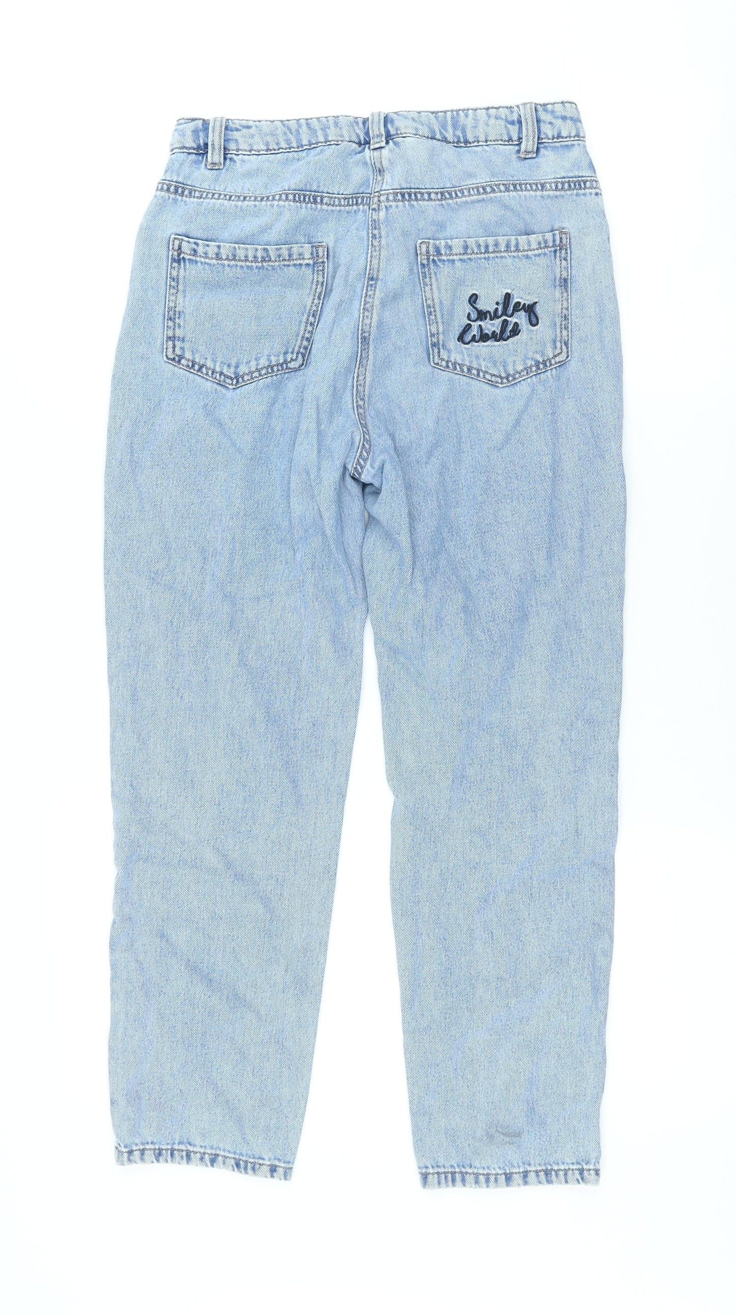 NEXT Girls Blue Cotton Jegging Trousers Size 12 Years Regular Button - Smiley Face