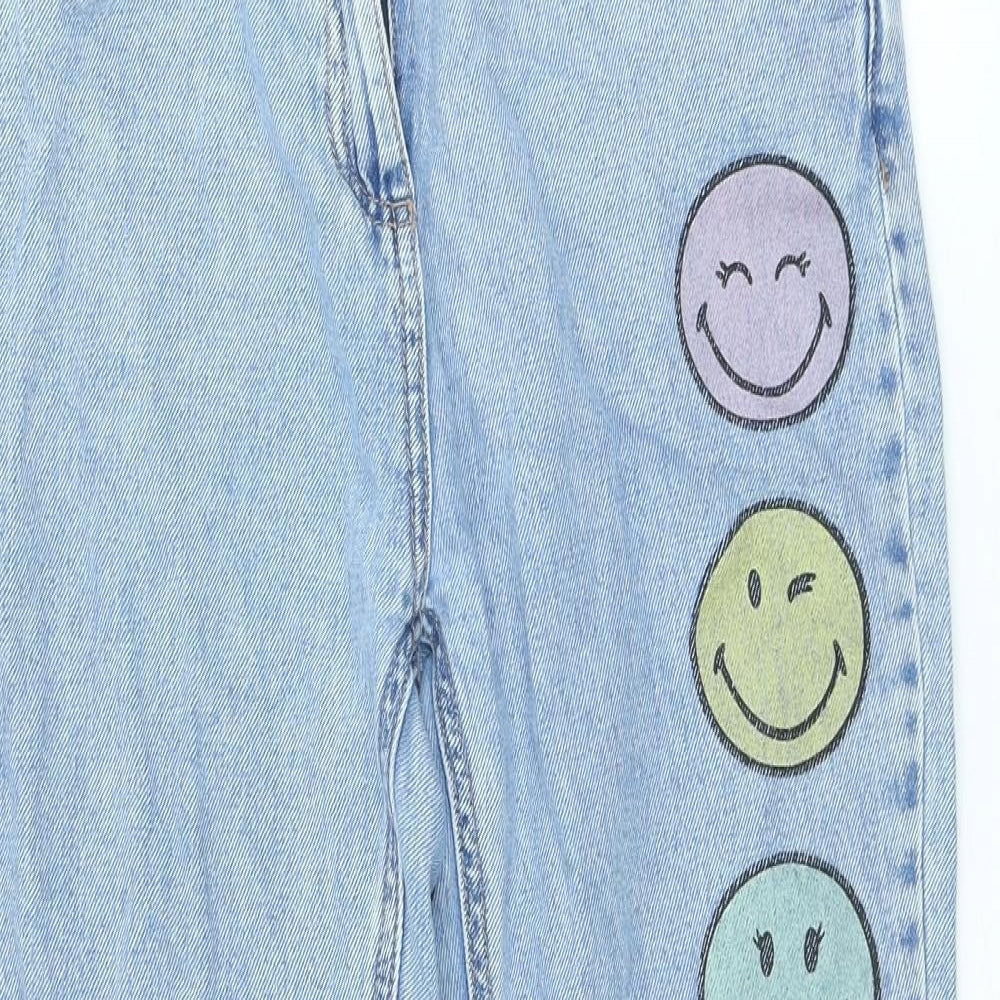 NEXT Girls Blue Cotton Jegging Trousers Size 12 Years Regular Button - Smiley Face