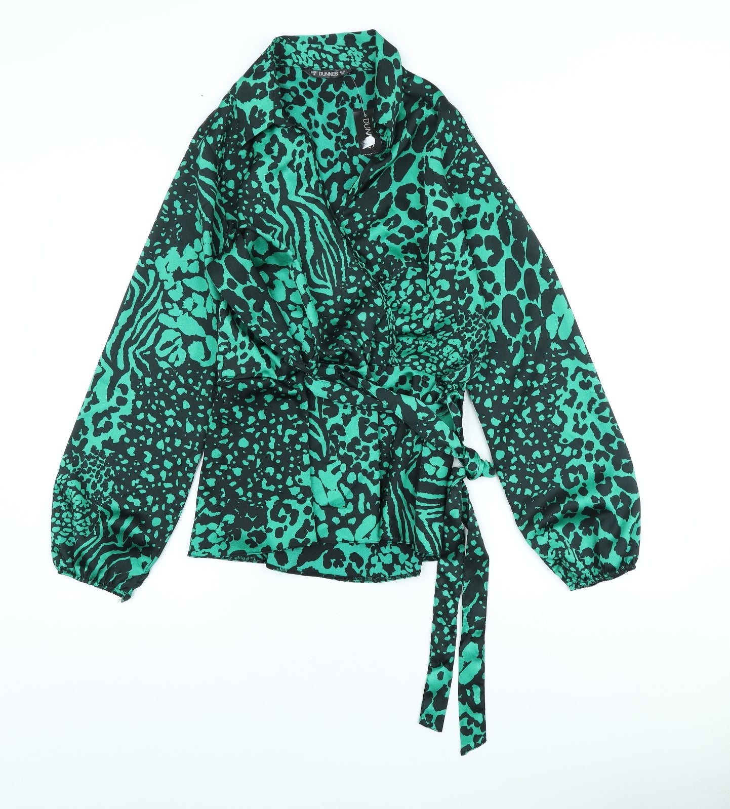 Dunnes Stores Womens Green Animal Print Polyester Wrap Blouse Size 14 V-Neck - Leopard Print