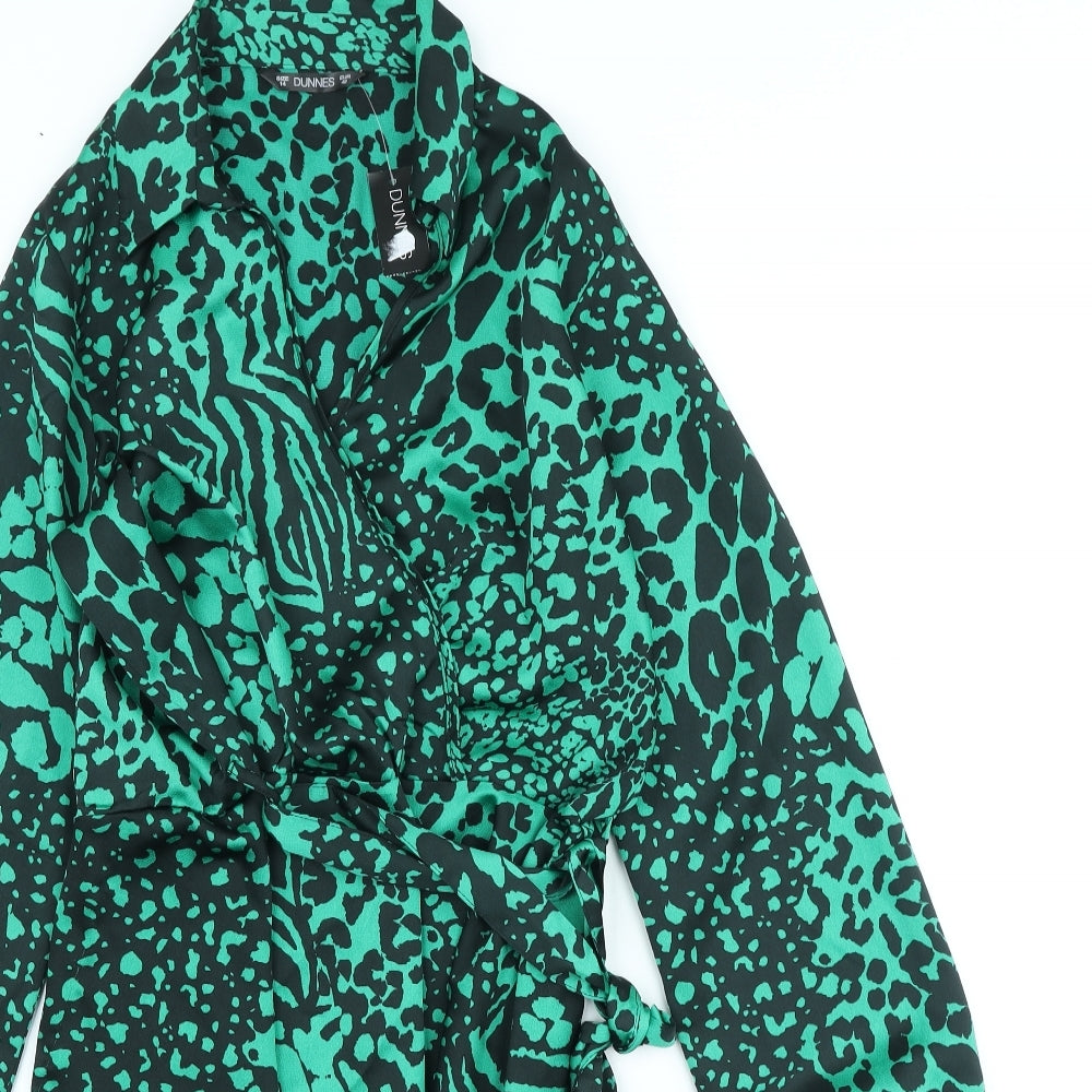 Dunnes Stores Womens Green Animal Print Polyester Wrap Blouse Size 14 V-Neck - Leopard Print
