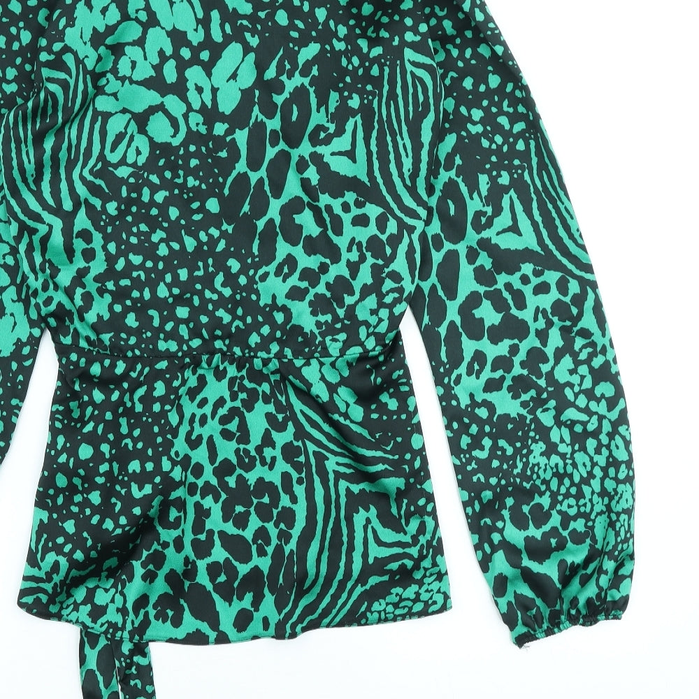 Dunnes Stores Womens Green Animal Print Polyester Wrap Blouse Size 14 V-Neck - Leopard Print