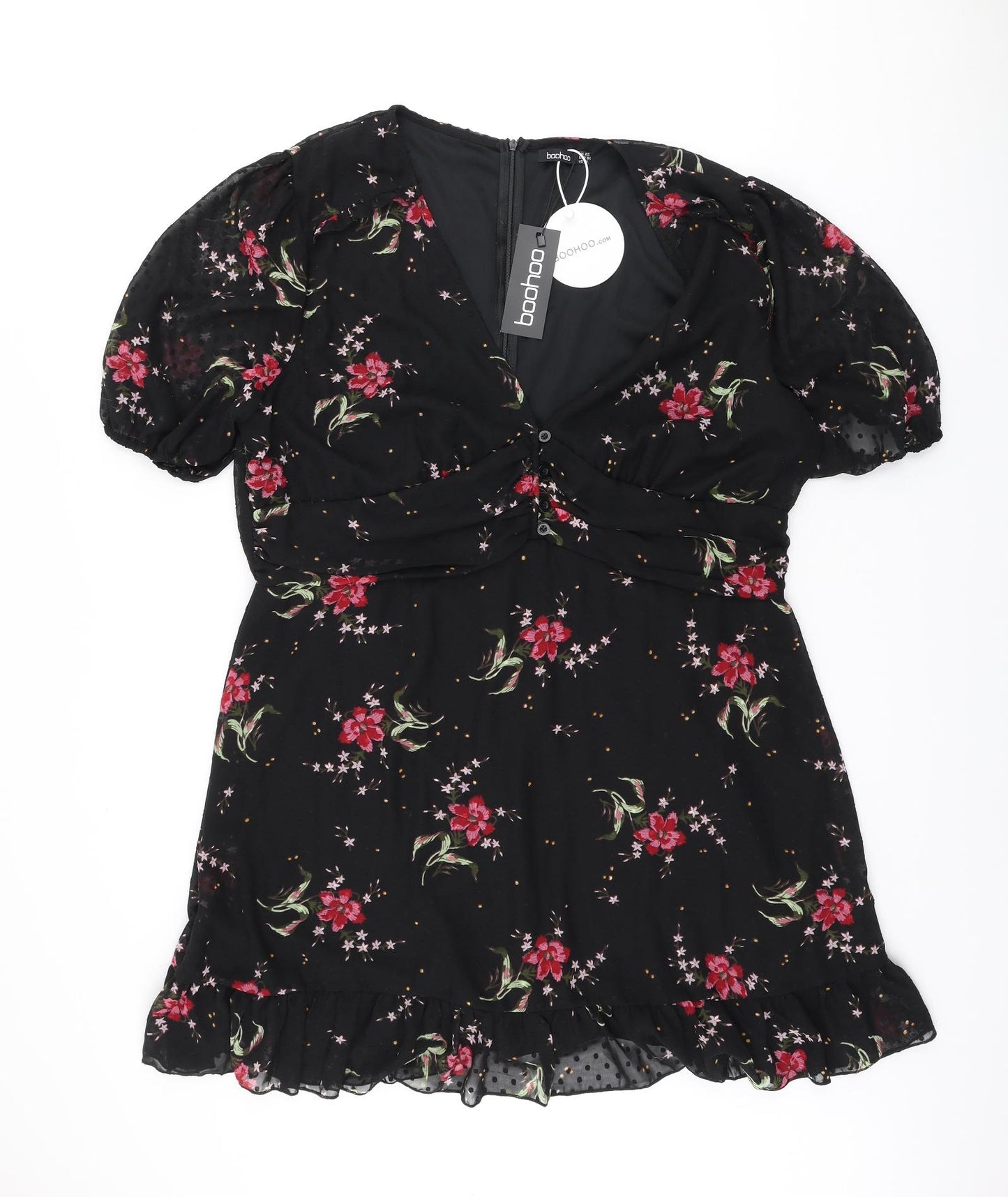 Boohoo Womens Black Floral Polyester A-Line Size 22 V-Neck Zip