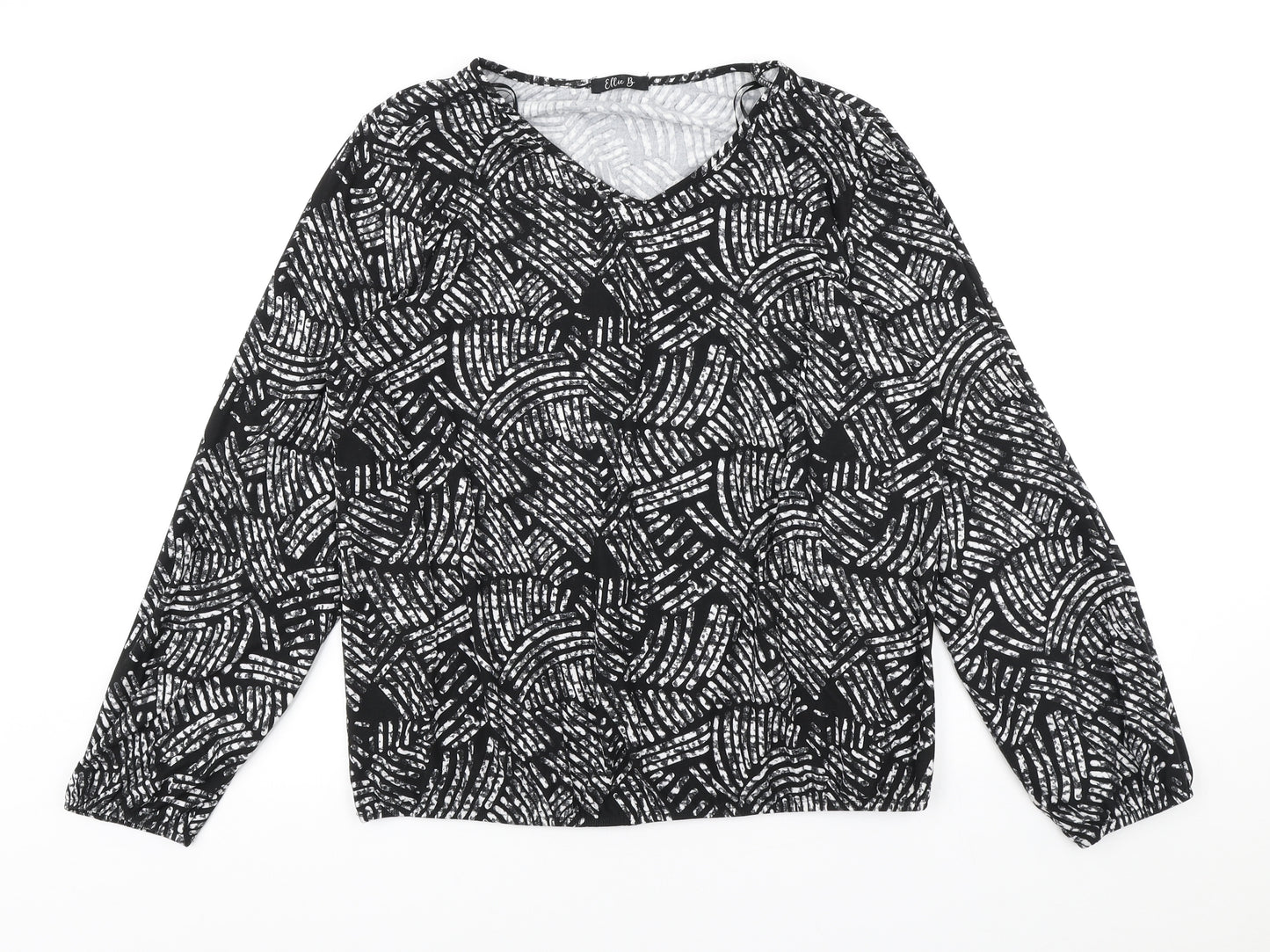 Ellie B Womens Black Geometric Polyester Basic T-Shirt Size L V-Neck