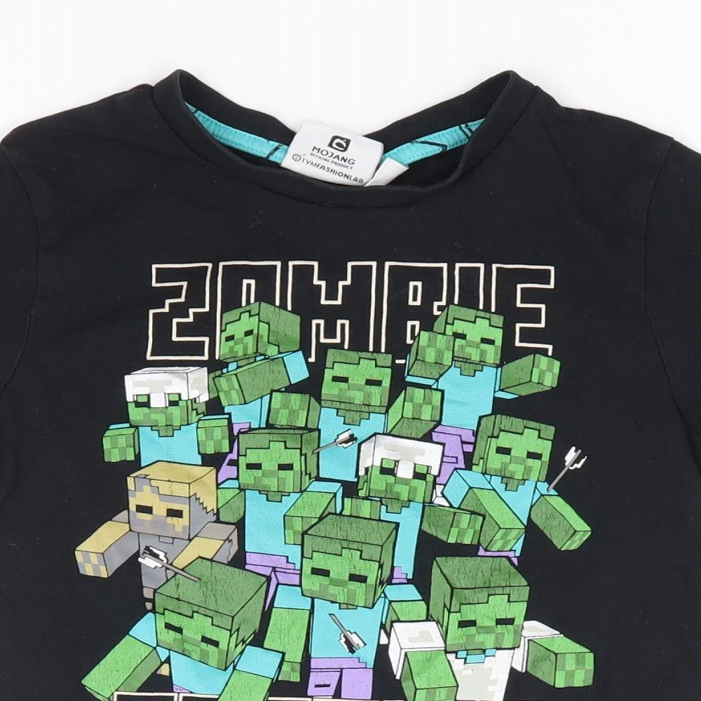 Primark Boys Black 100% Cotton Basic T-Shirt Size 7-8 Years Crew Neck Pullover - Minecraft, Zombie Attack