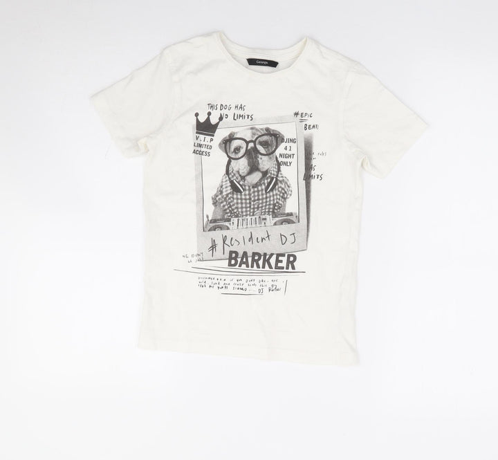 George Boys Ivory 100% Cotton Basic T-Shirt Size 7-8 Years Crew Neck Pullover - Dog