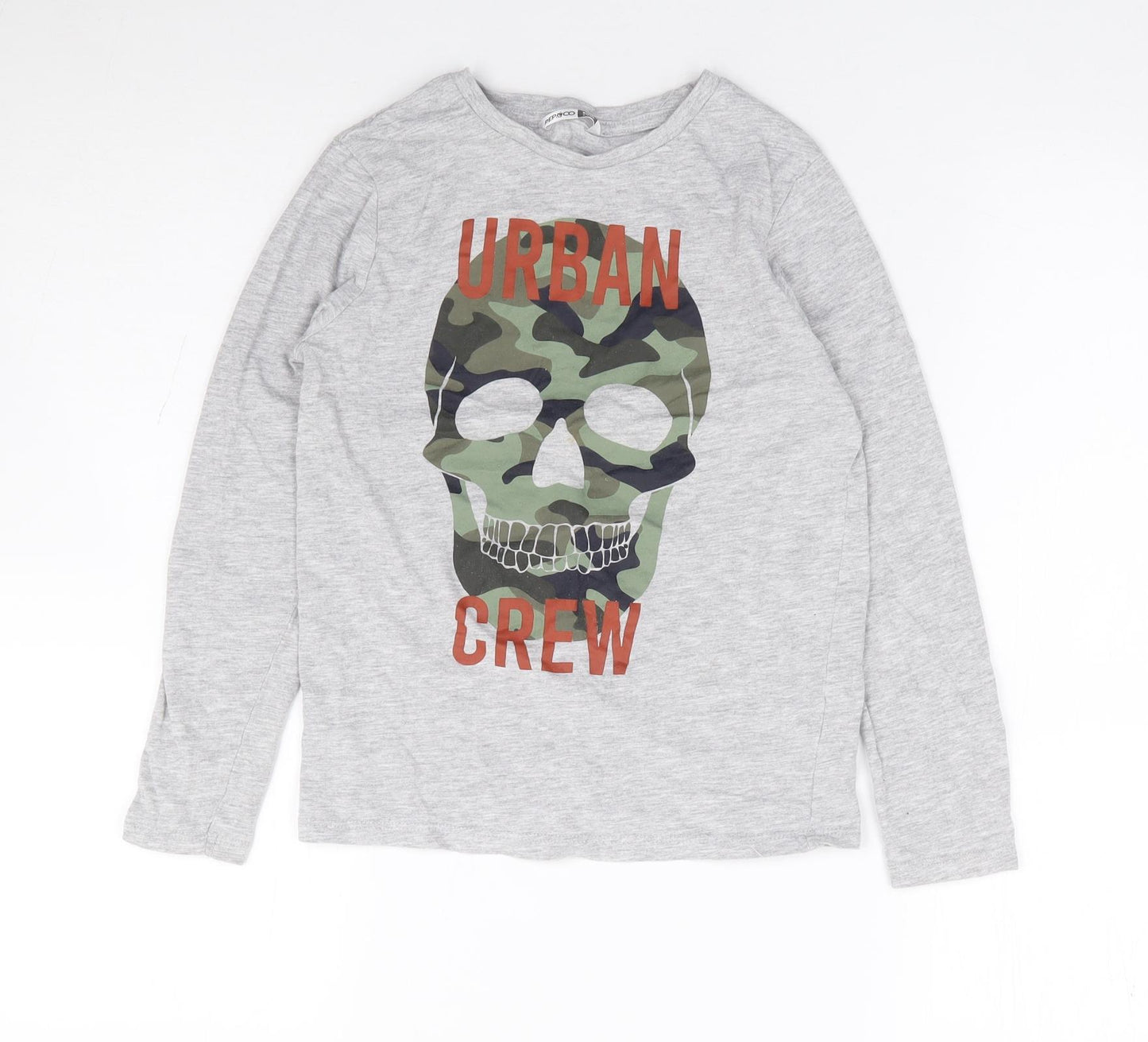 Pep & Co Boys Grey Cotton Basic T-Shirt Size 8-9 Years Crew Neck Pullover - Skull