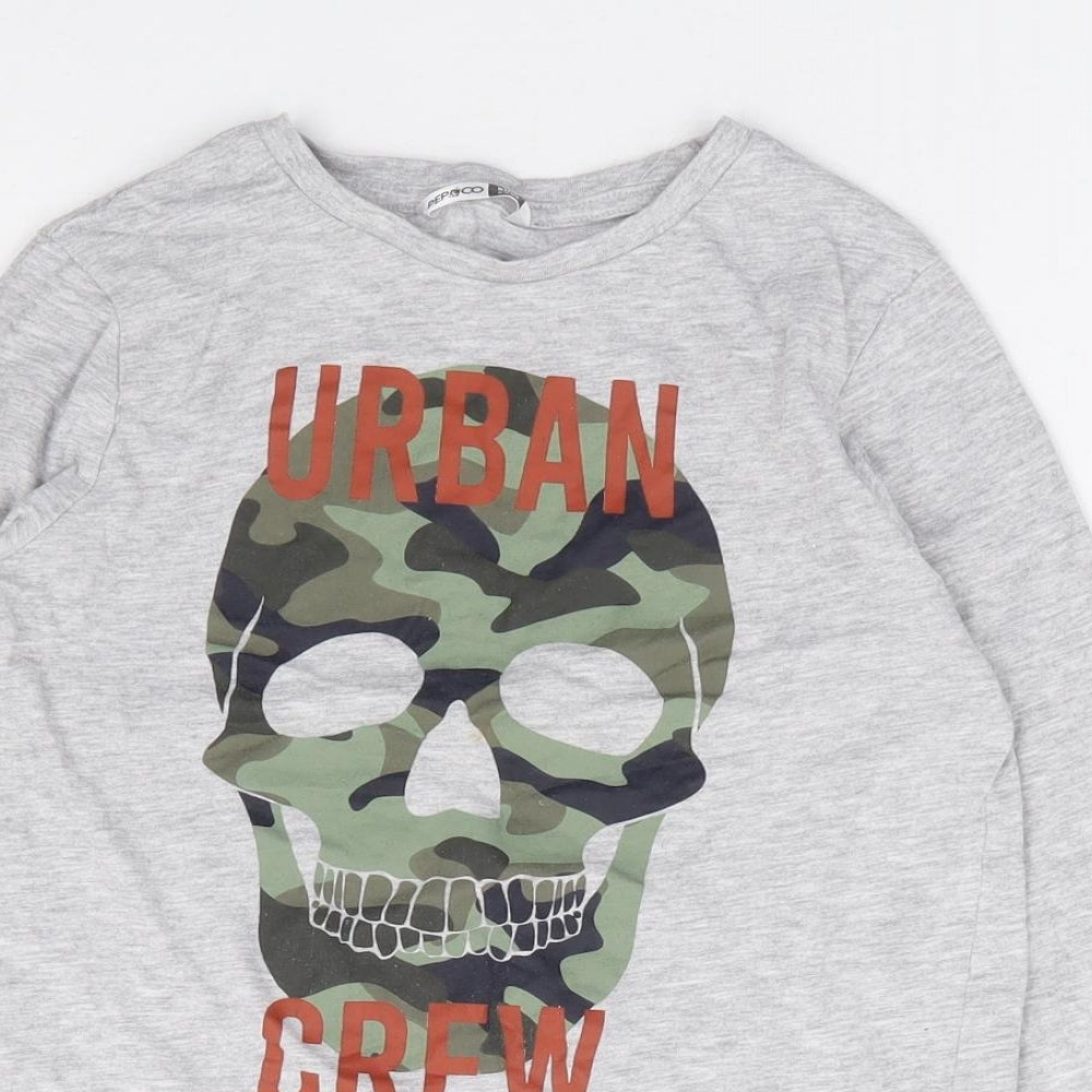 Pep & Co Boys Grey Cotton Basic T-Shirt Size 8-9 Years Crew Neck Pullover - Skull