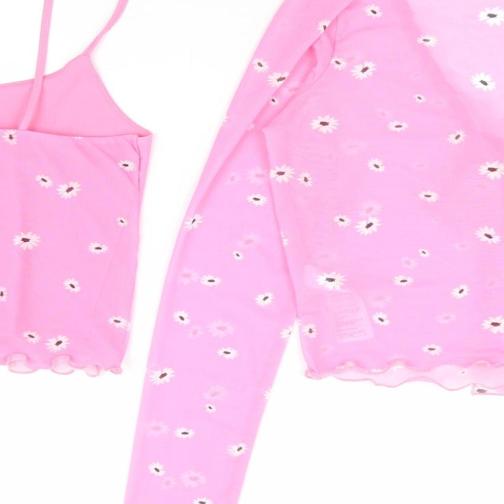 New Look Womens Pink Floral Polyester Camisole Tank Size 8 Round Neck - 2 Piece Set