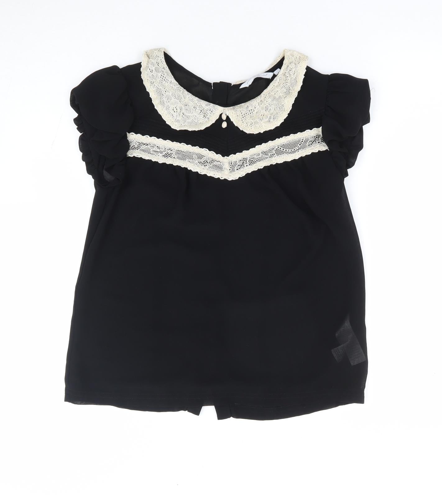 New Look Womens Black Polyester Jersey Blouse Size 8 Collared - Lace Detailing