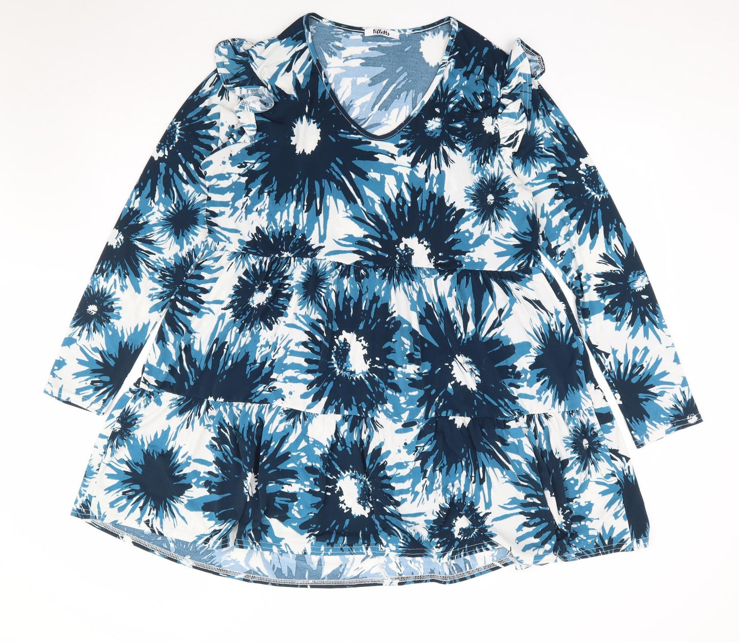 Tilletts Womens Blue Floral Polyester Fit & Flare One Size V-Neck Pullover - Tiered