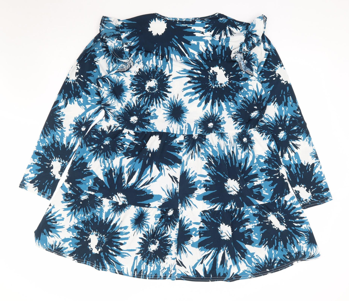 Tilletts Womens Blue Floral Polyester Fit & Flare One Size V-Neck Pullover - Tiered