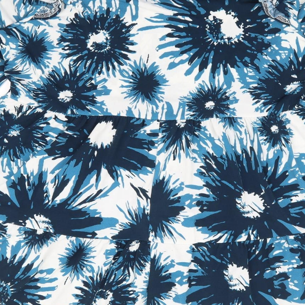 Tilletts Womens Blue Floral Polyester Fit & Flare One Size V-Neck Pullover - Tiered