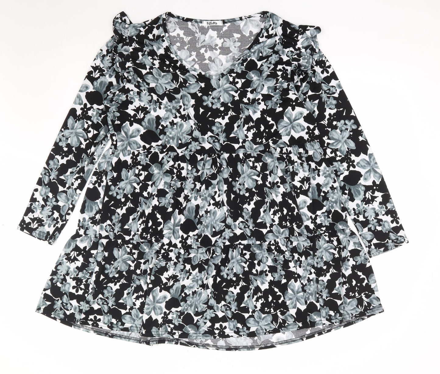 Tilletts Womens Black Floral Polyester Fit & Flare One Size V-Neck Pullover - Tiered