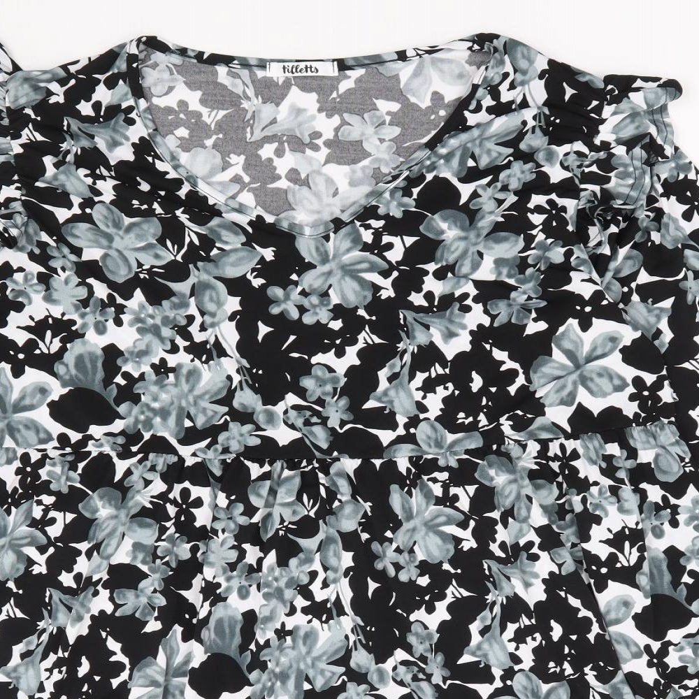 Tilletts Womens Black Floral Polyester Fit & Flare One Size V-Neck Pullover - Tiered