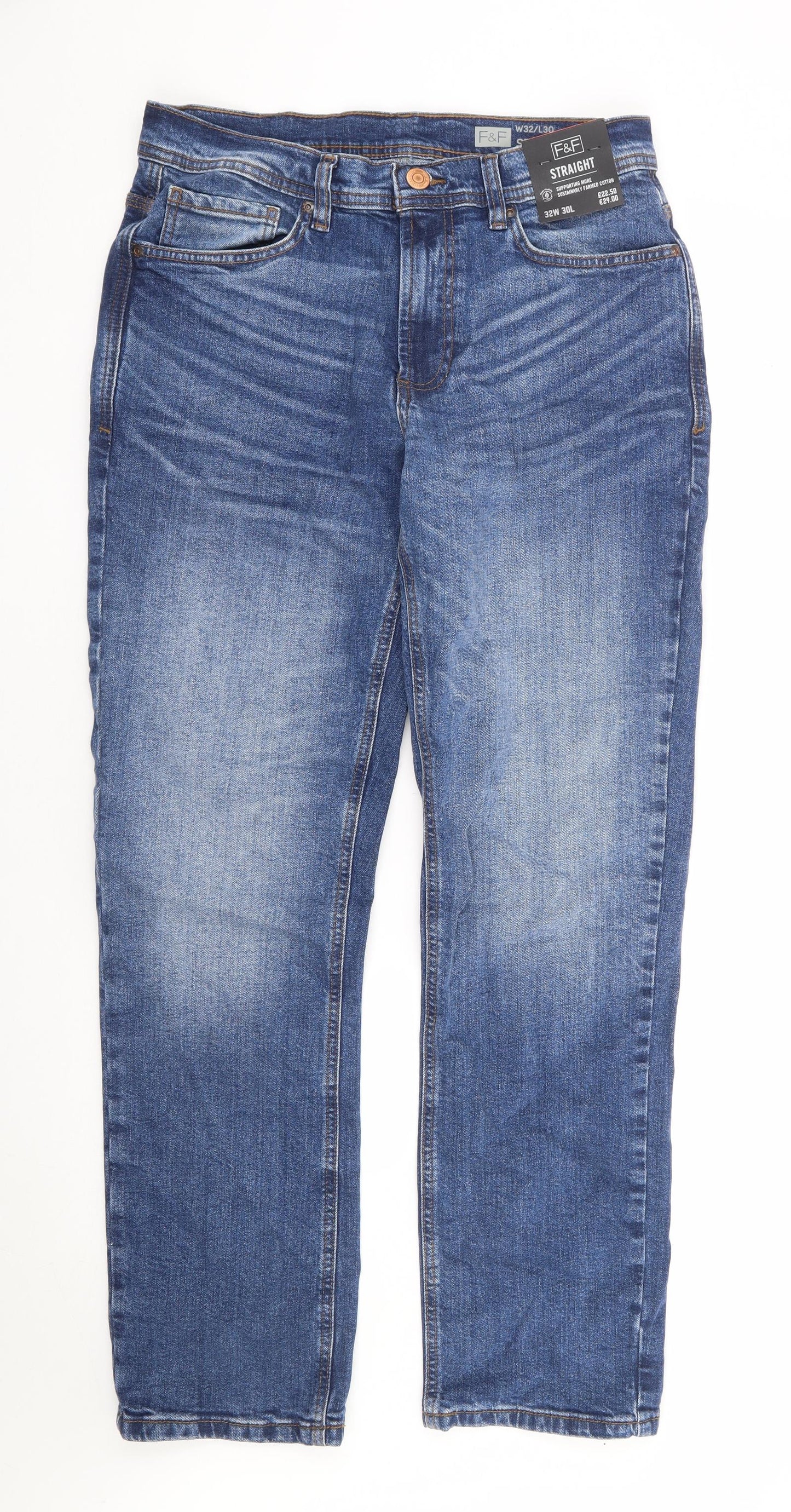 F&F Mens Blue Cotton Straight Jeans Size 32 L30 in Regular Zip