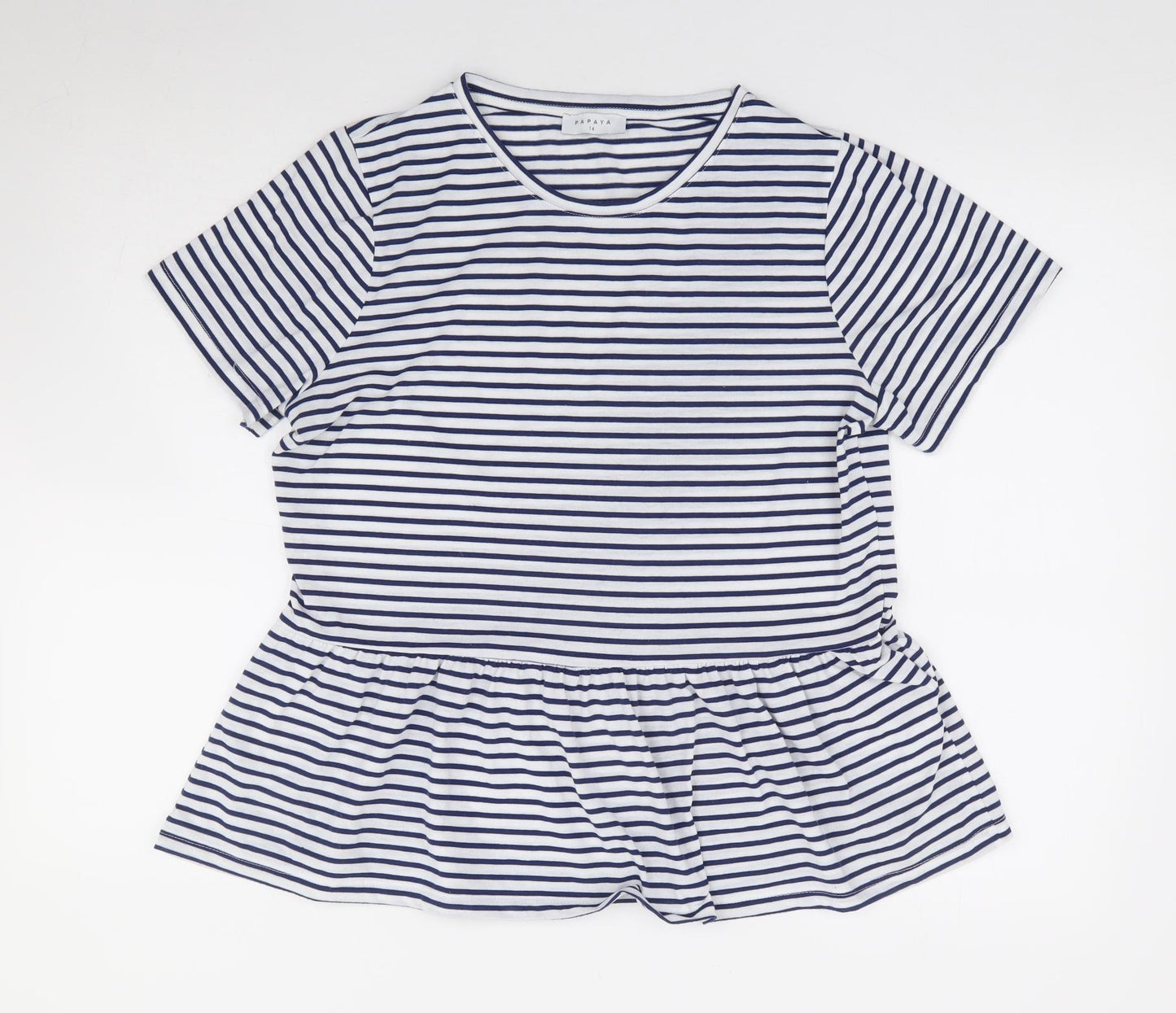 Papaya Womens White Striped Polyester Jersey T-Shirt Size 14 Round Neck