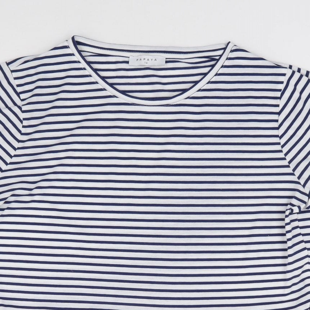 Papaya Womens White Striped Polyester Jersey T-Shirt Size 14 Round Neck