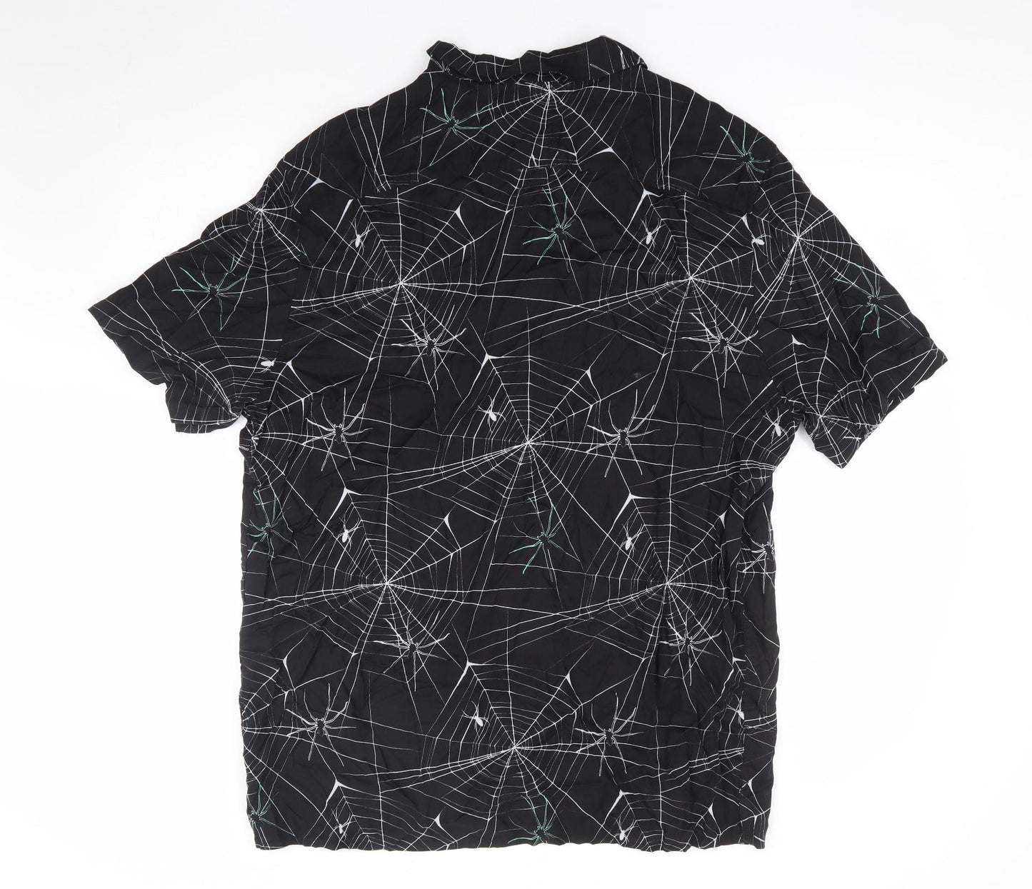 George Mens Black Geometric Viscose Button-Up Size XL Collared Button - Spiderweb, Halloween