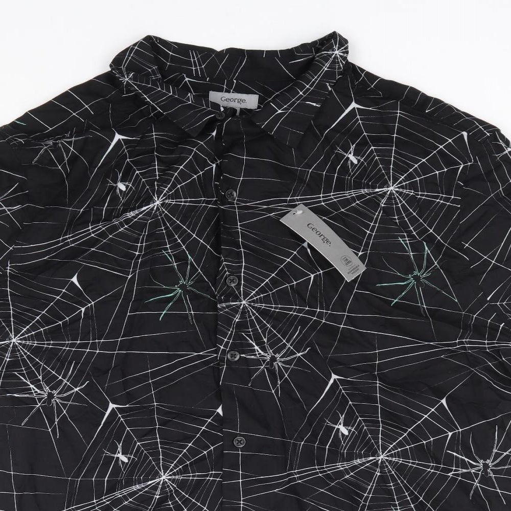 George Mens Black Geometric Viscose Button-Up Size XL Collared Button - Spiderweb, Halloween