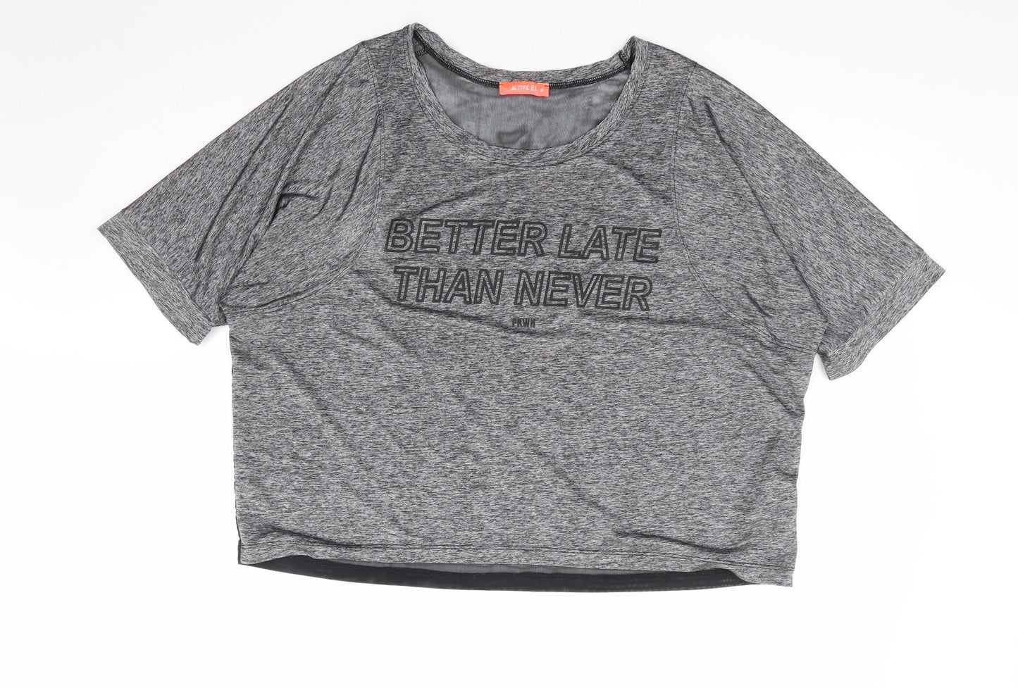 Pink Woman Womens Grey Polyester Cropped T-Shirt Size M Round Neck Pullover - Better Late Than Never