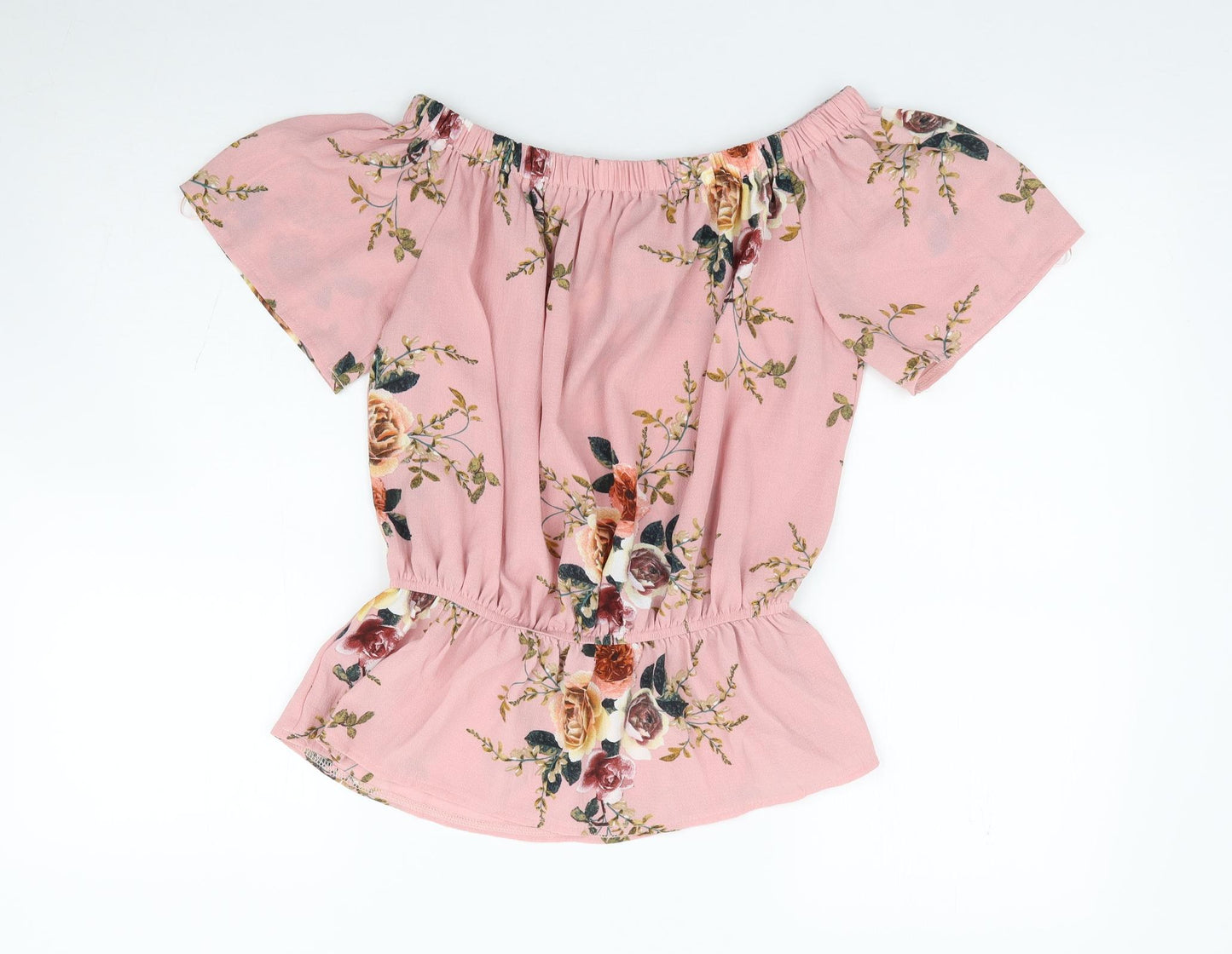 Quiz Womens Pink Floral Polyester Jersey Blouse Size 10 Off the Shoulder - Peplum