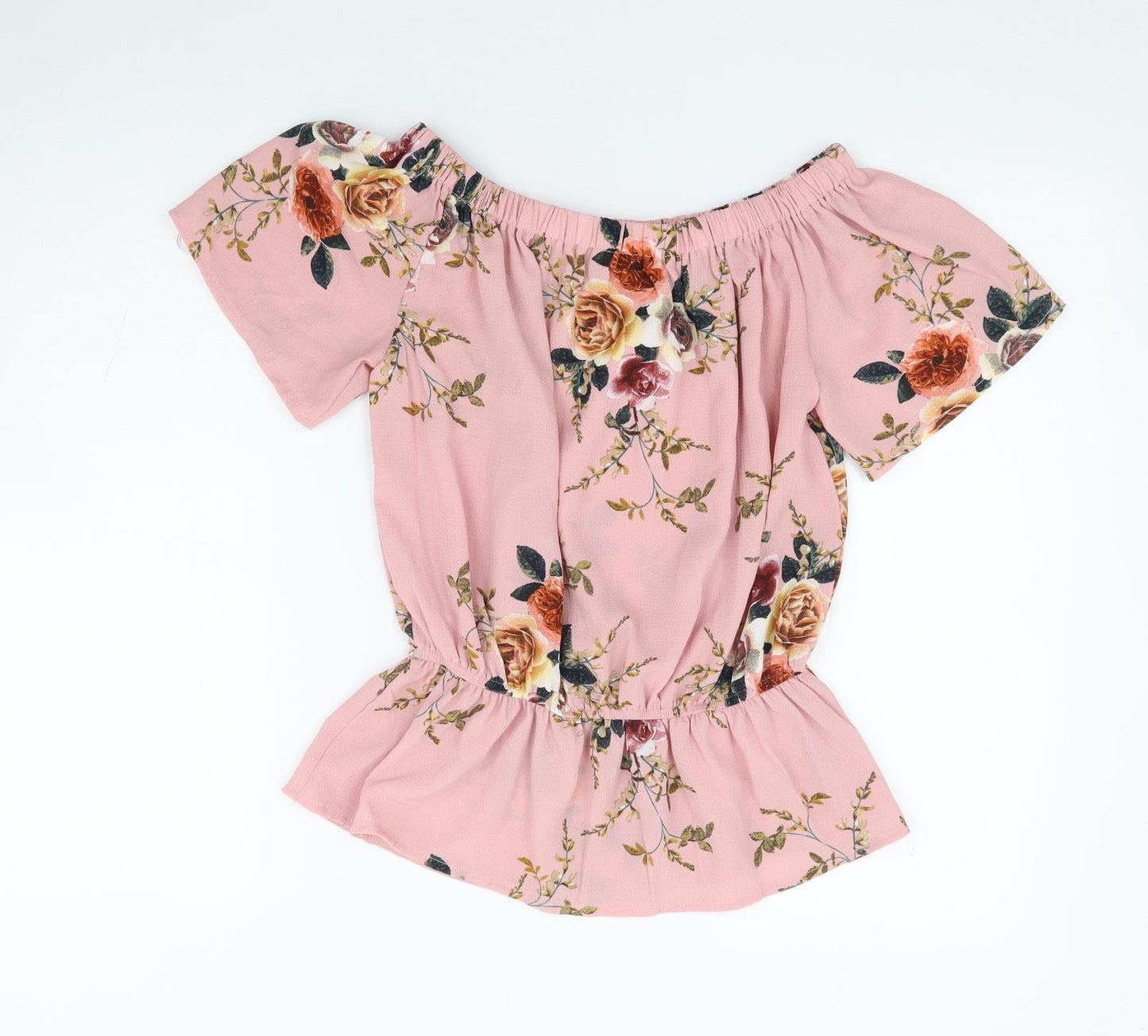 Quiz Womens Pink Floral Polyester Jersey Blouse Size 10 Off the Shoulder - Peplum