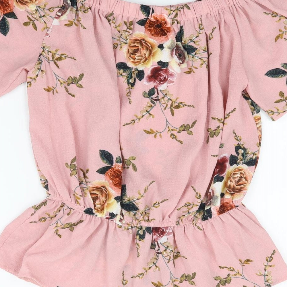 Quiz Womens Pink Floral Polyester Jersey Blouse Size 10 Off the Shoulder - Peplum