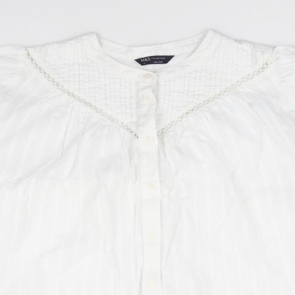 Marks and Spencer Womens White Striped 100% Cotton Basic Blouse Size 14 Crew Neck
