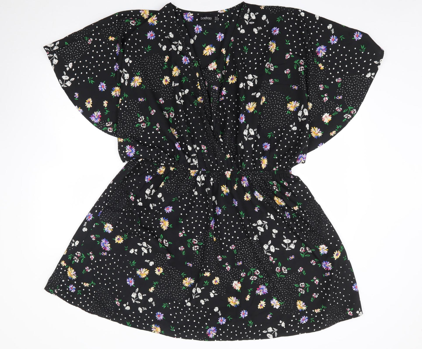 Boohoo Womens Black Floral Polyester Wrap Dress Size 18 V-Neck Pullover - Faux Wrap
