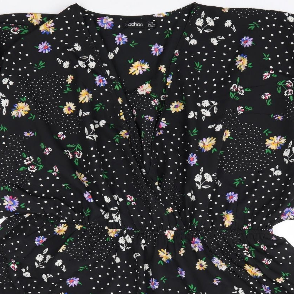 Boohoo Womens Black Floral Polyester Wrap Dress Size 18 V-Neck Pullover - Faux Wrap