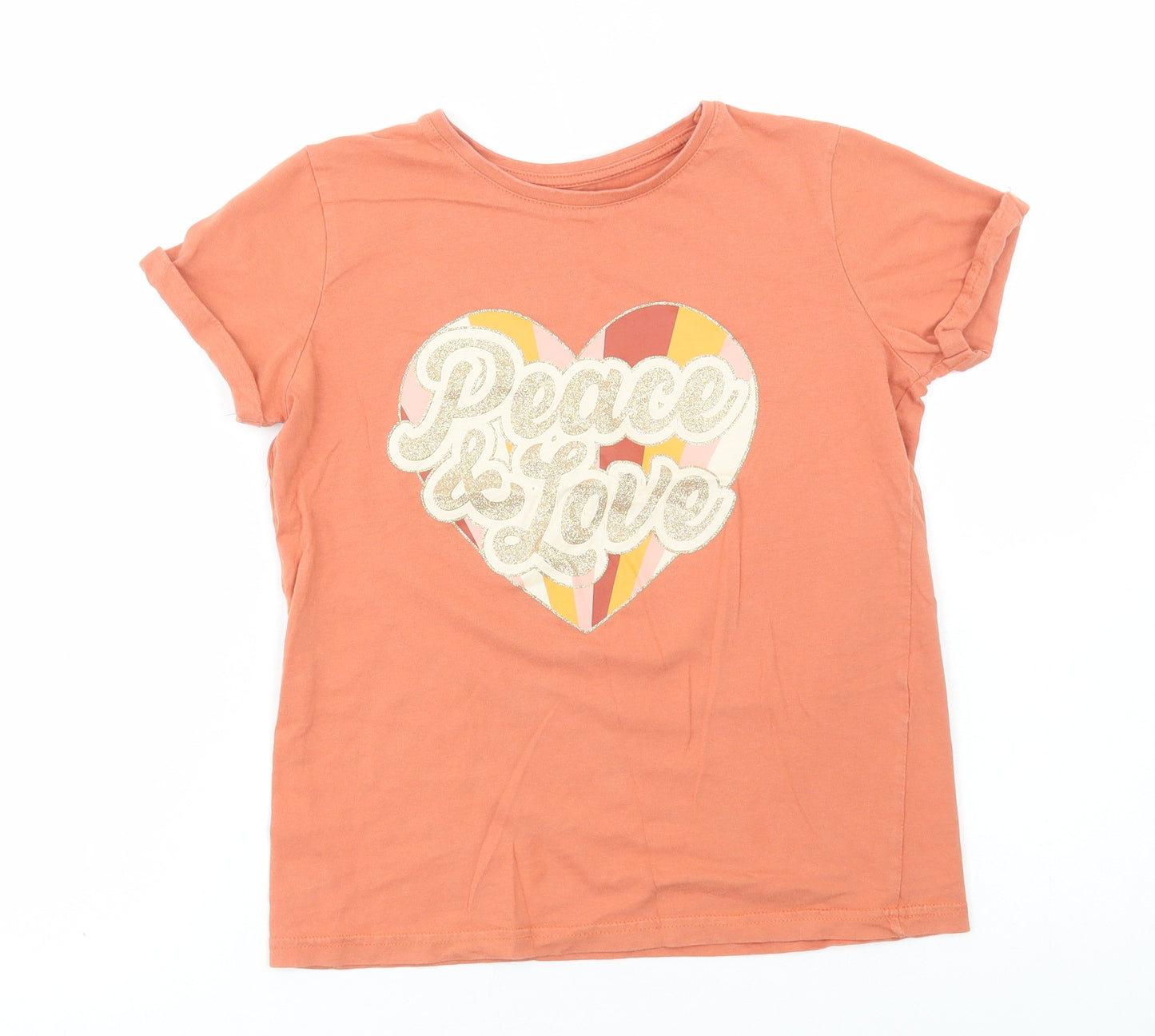 Primark Girls Orange Polyester Basic T-Shirt Size 11-12 Years Round Neck Pullover - Heart