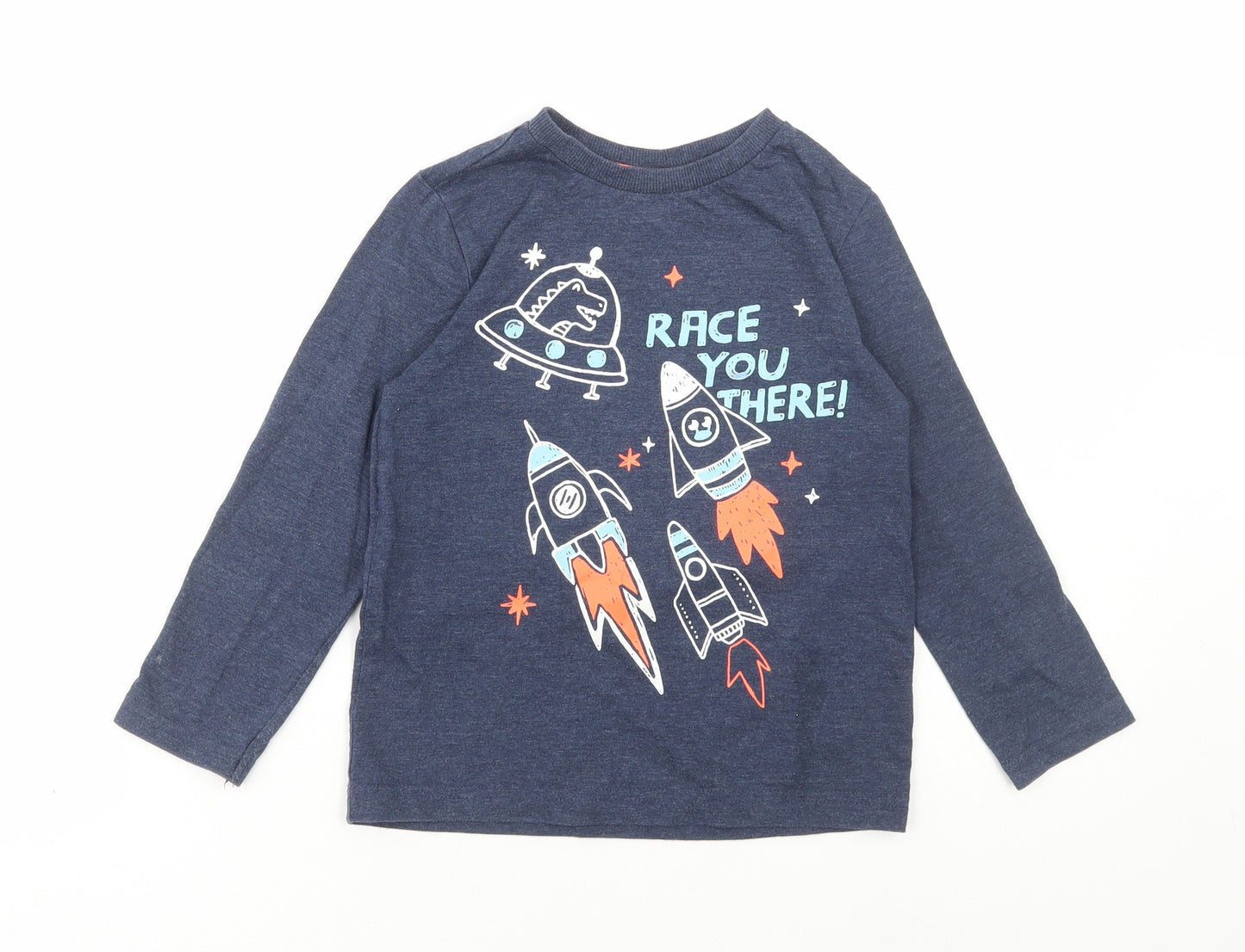 F&F Boys Blue Cotton Basic T-Shirt Size 5-6 Years Round Neck Pullover - Race you there, Space