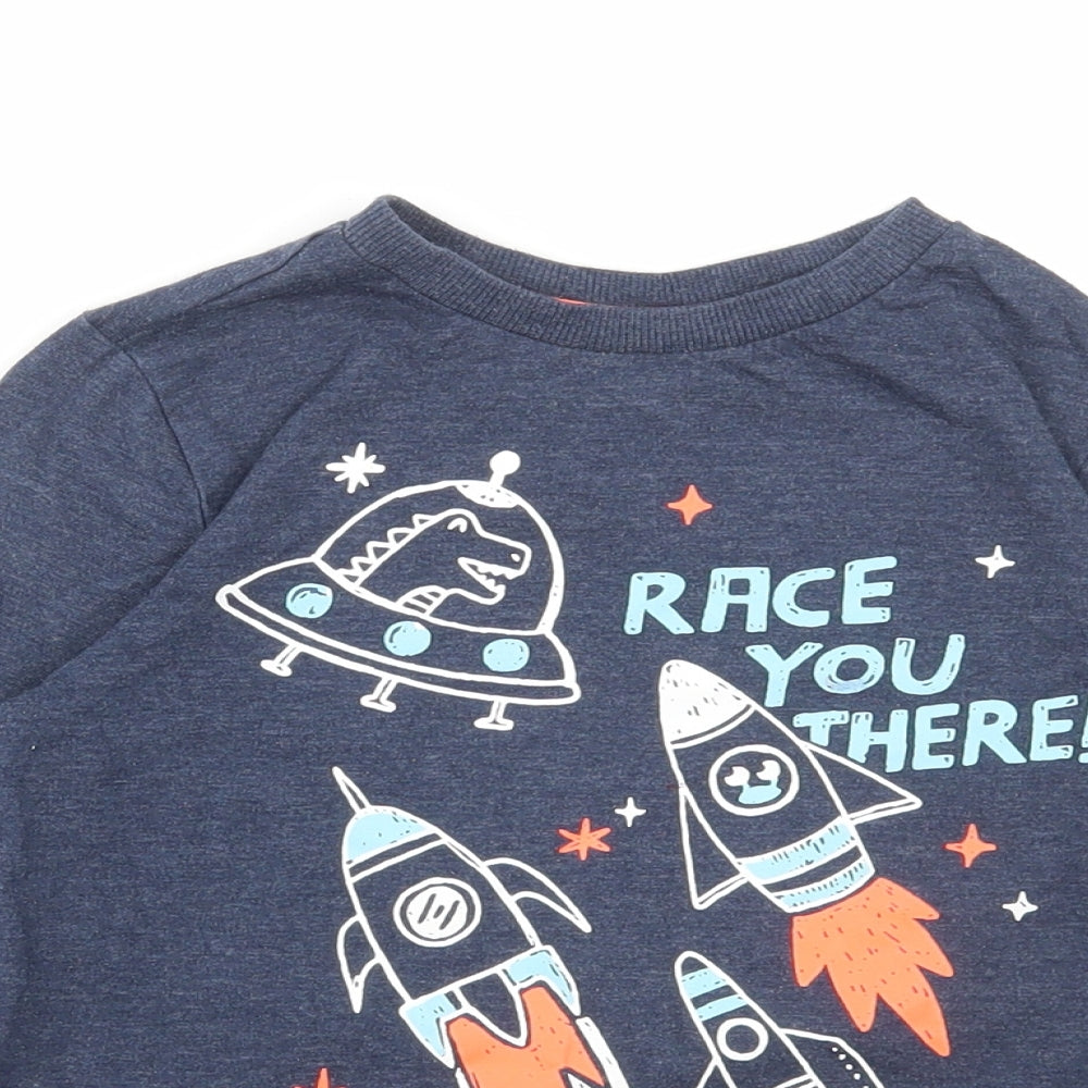 F&F Boys Blue Cotton Basic T-Shirt Size 5-6 Years Round Neck Pullover - Race you there, Space
