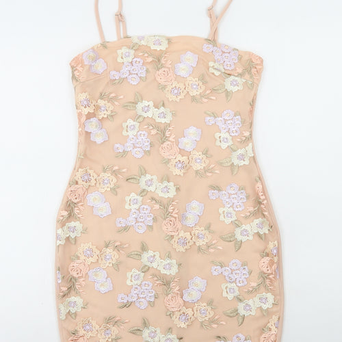 Quiz Womens Pink Floral Polyester Bodycon Size 10 Square Neck Zip