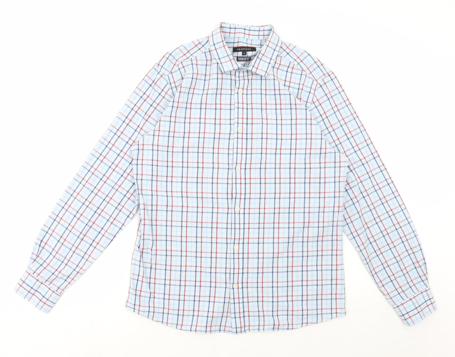 Peacocks Mens Blue Check Cotton Dress Shirt Size M Collared Button