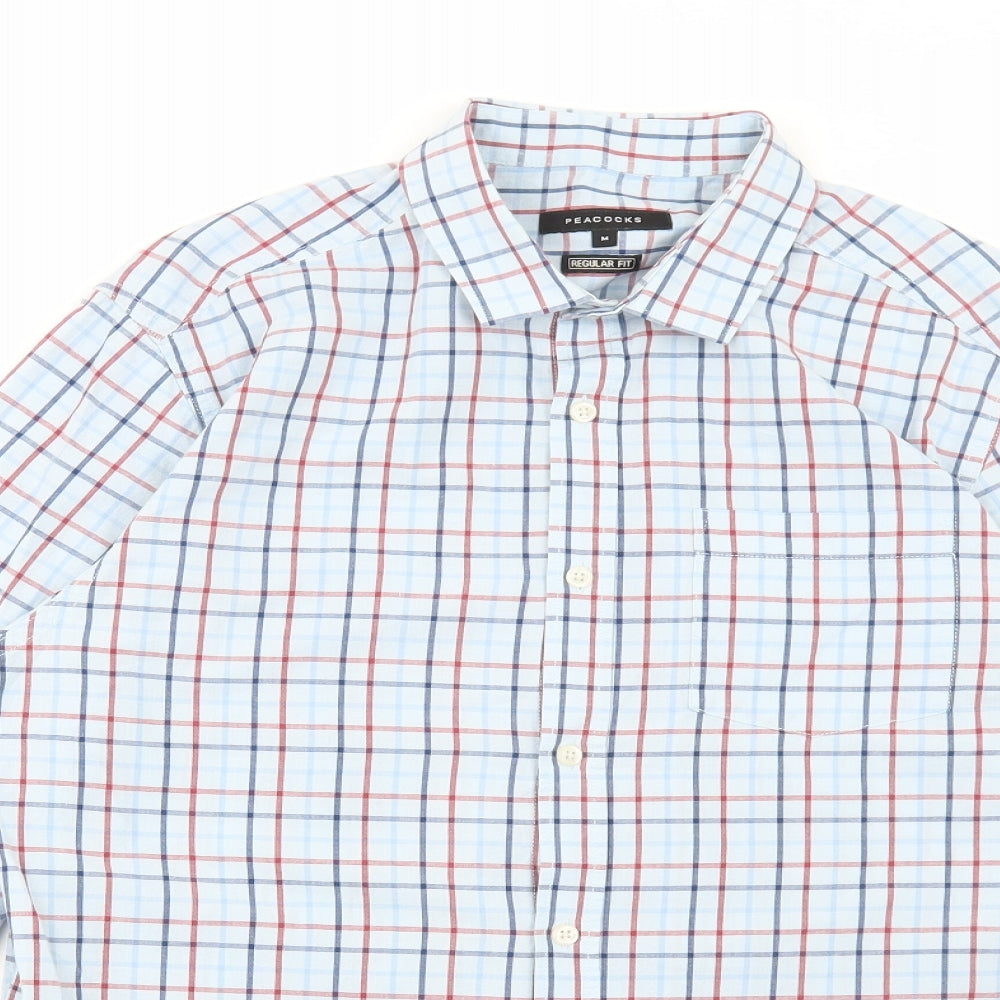 Peacocks Mens Blue Check Cotton Dress Shirt Size M Collared Button